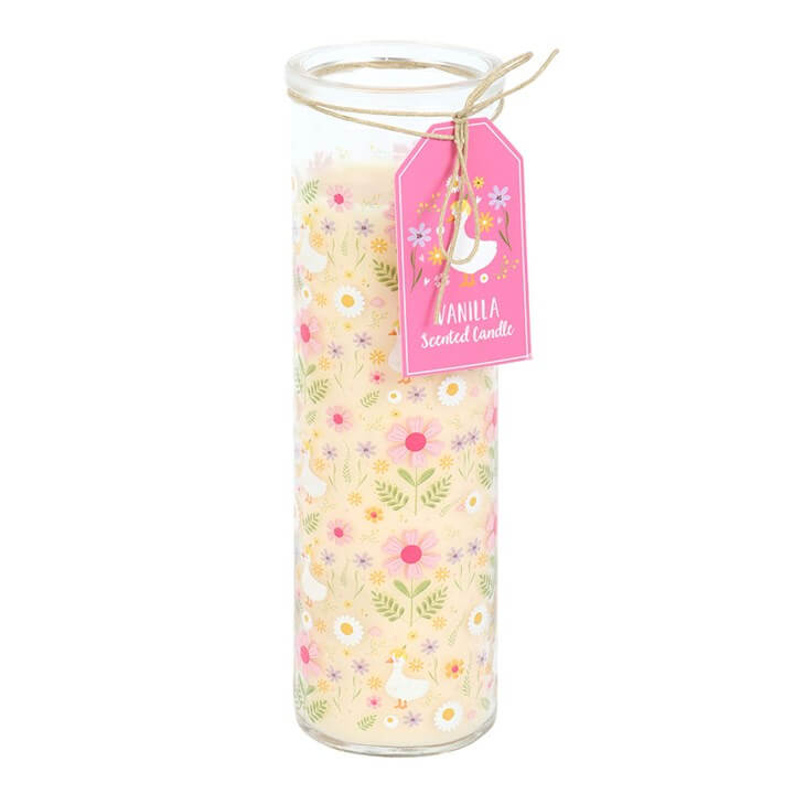 Daisy & Duck Print Vanilla Tube Candle in a tall glass tube, perfect for cheerful home decor and gifting.