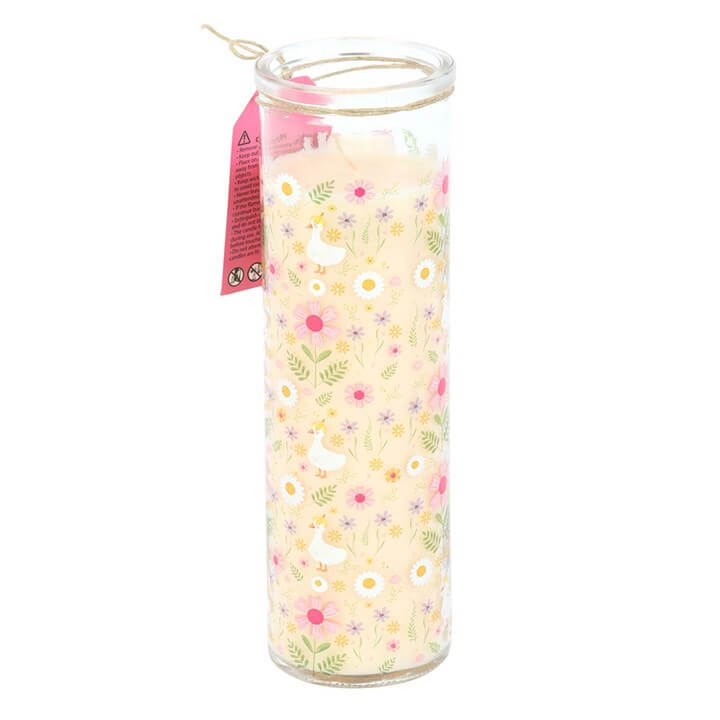 Daisy & Duck Print Vanilla Tube Candle in tall glass tube with floral design, perfect for cheerful decor and gifting.