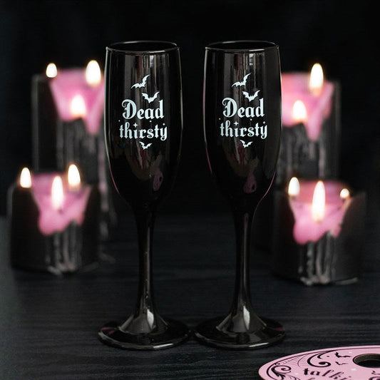 Set of 2 Dead Thirsty Black Champagne Flutes – Gothic Celebration Glassware (300ml)-Sociodigi