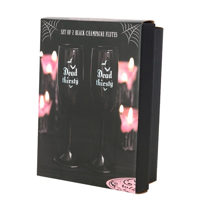 Set of 2 Dead Thirsty Black Champagne Flutes – Gothic Celebration Glassware (300ml)-Sociodigi
