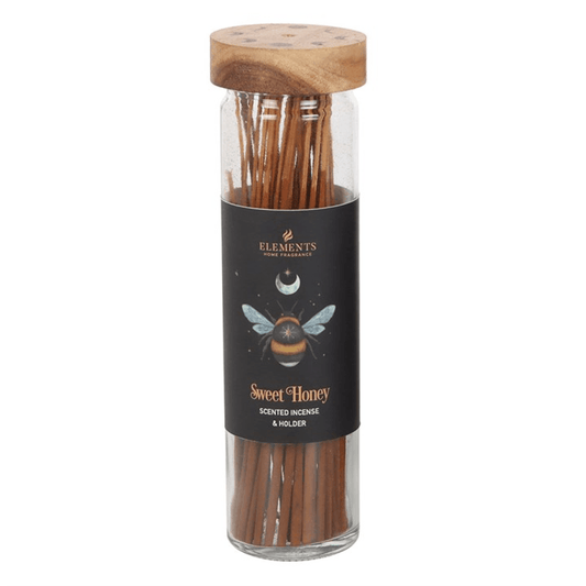 Honey Incense Sticks in a glass holder, featuring a wooden lid and a bee design on the label for a sweet honey aroma.