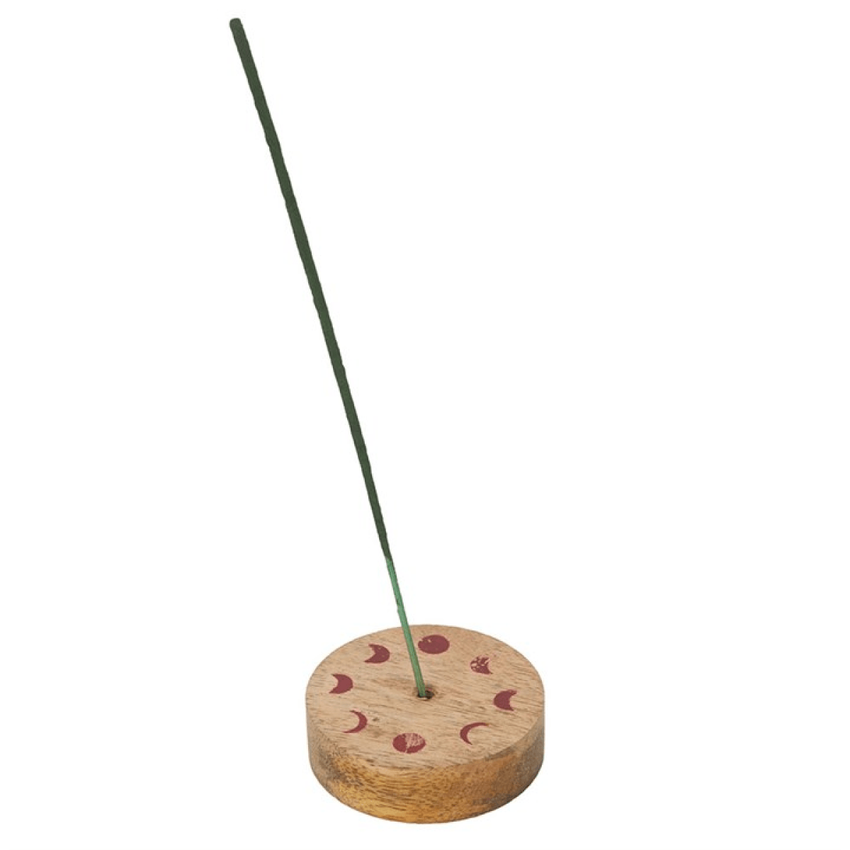 Honey Incense Sticks holder made of wood with a green stick incense and moon phase design on the base.