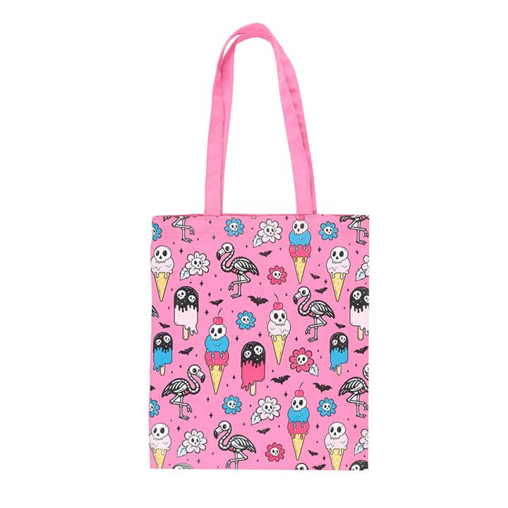 Colorful print tote bag featuring ice cream, flowers, and quirky characters, perfect for stylish and fun outings.