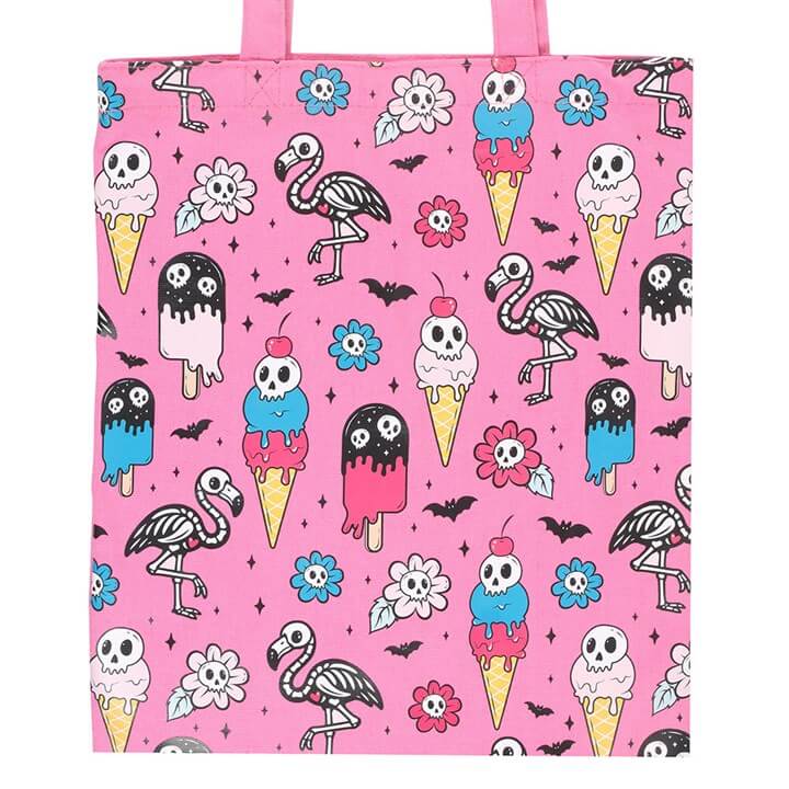 Dead Hot Days Print Tote Bag featuring colorful skull and flamingo design on a pink background.