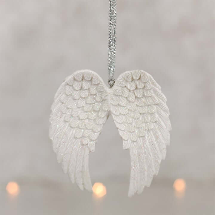 Double Glitter Angel Wing Hanging Decoration, white angel wings with shimmering glitter for elegant decor.