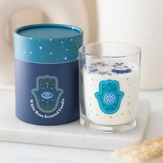 Hand of Hamsa White Rose Candle with Crystals N/A