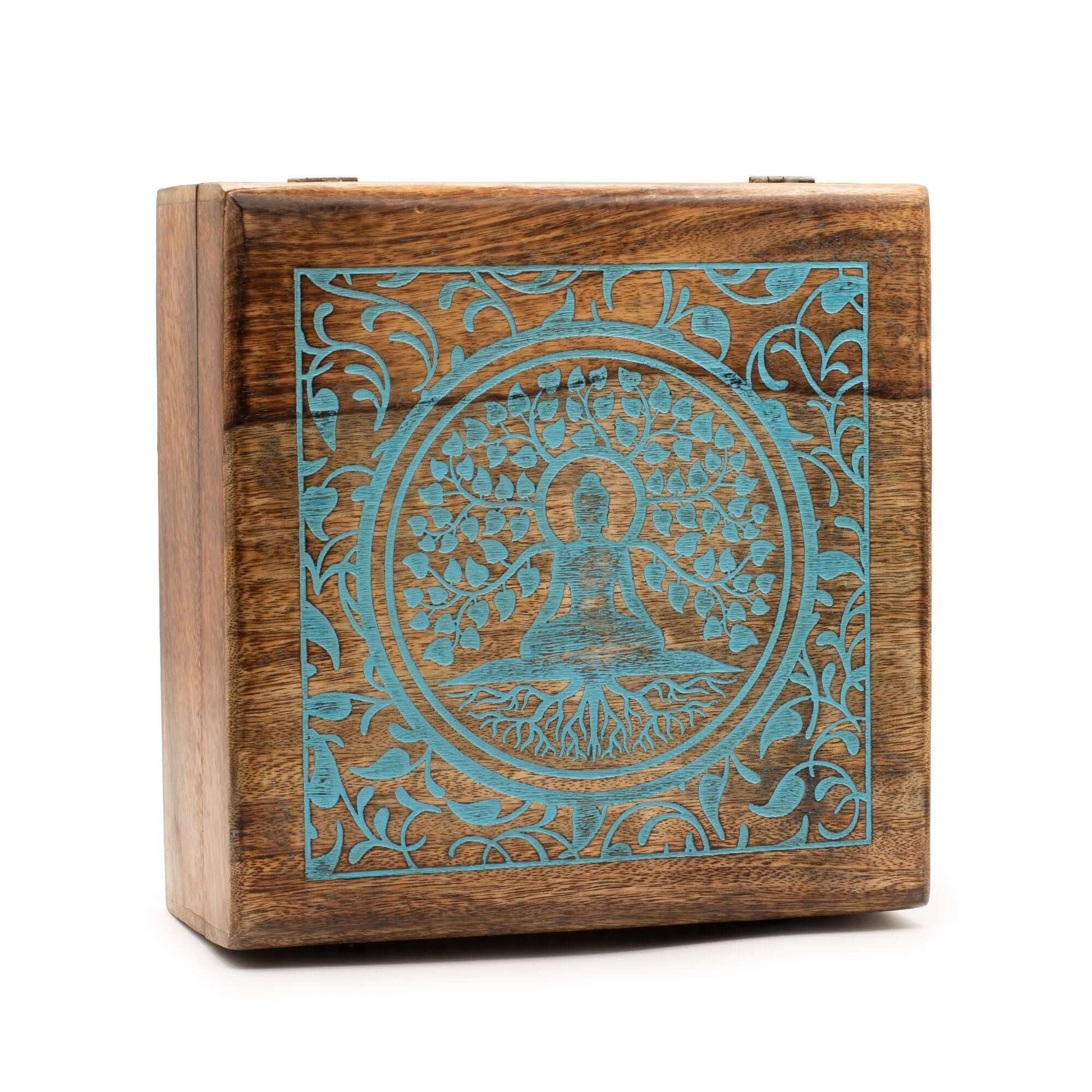 Extra Large Mango Box featuring intricate Buddha design under the Bodhi Tree, showcasing artisanal craftsmanship.