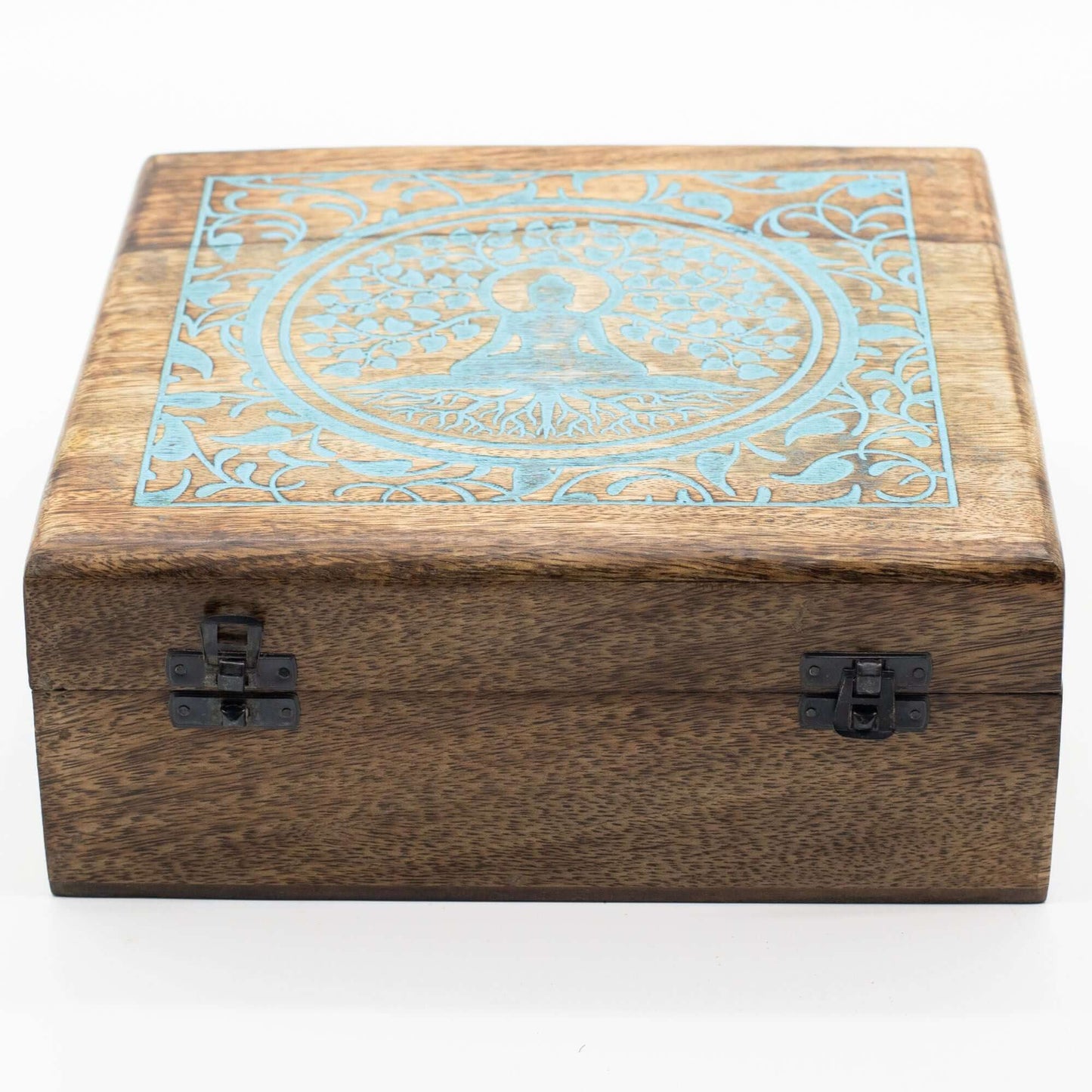 Extra Large Mango Box featuring intricate Buddha and Bodhi Tree design, perfect for storing tarot cards and crystals.