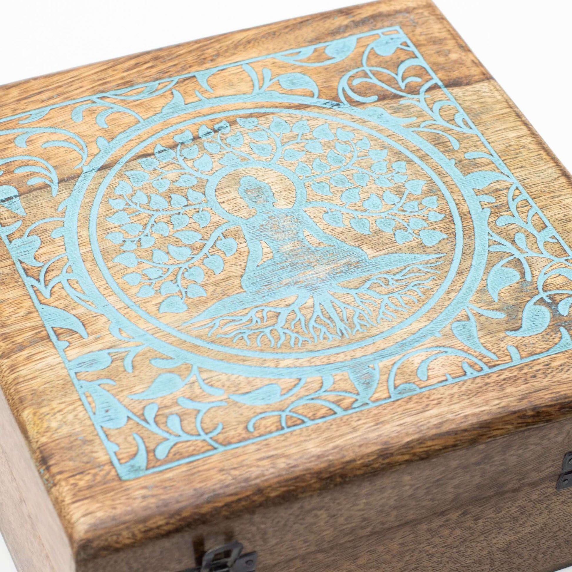 Extra Large Mango Box with intricate Buddha design under Bodhi Tree, perfect for storage.
