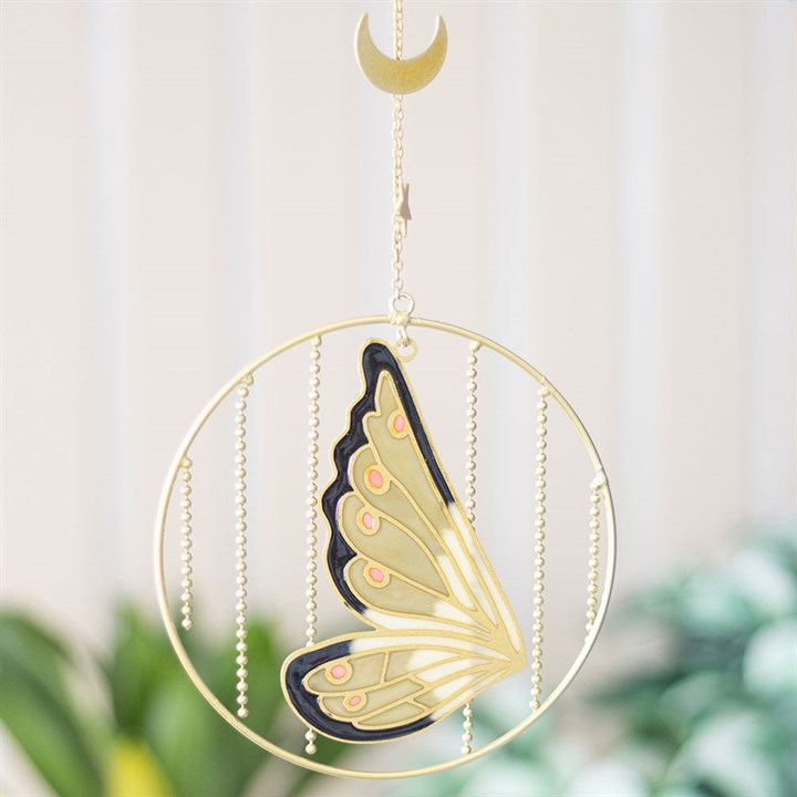 Green Fairy Wing Hanging Decoration with Crescent Moon & Star – Whimsical Fantasy Décor-Sociodigi