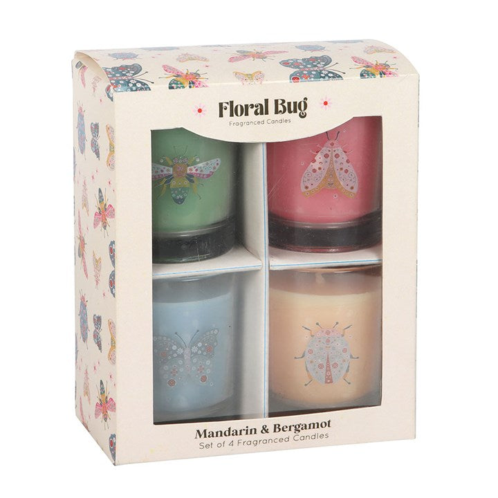 Set of 4 Floral Bug Mandarin & Bergamot Candles Spring Home Décor-Sociodigi