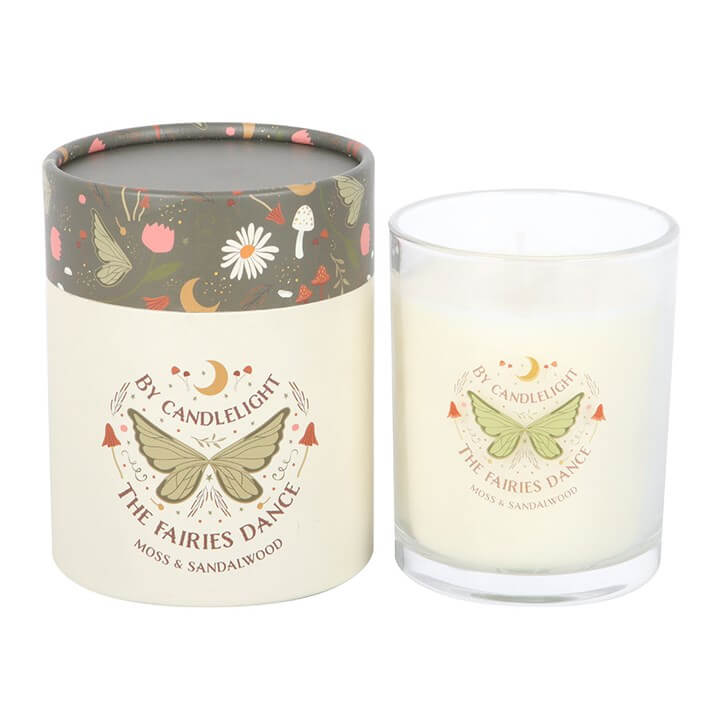 Fairy Wing Moss & Sandalwood Candles in elegant packaging with whimsical design, featuring Sandalwood Candles fragrance.