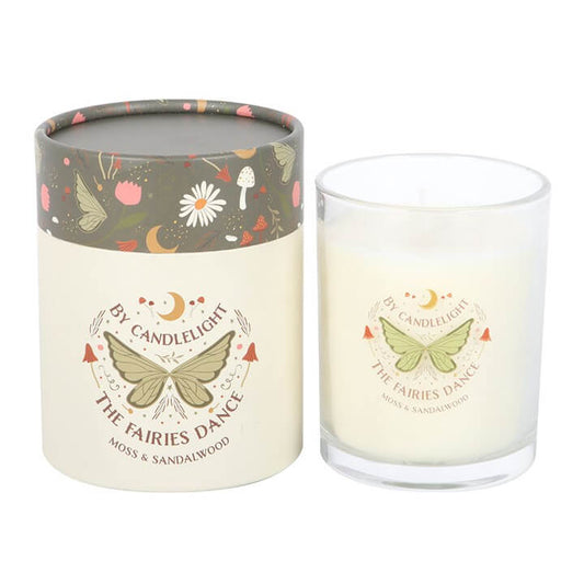 Fairy Wing Moss & Sandalwood Candles in elegant packaging with whimsical design, featuring Sandalwood Candles fragrance.
