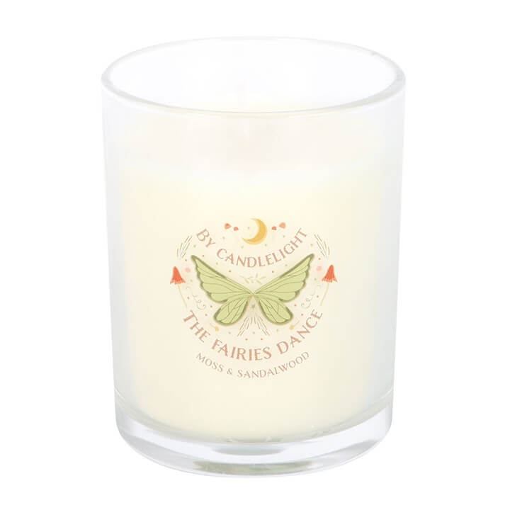 Fairy Wing Moss & Sandalwood Candle in elegant glass holder, featuring Sandalwood Candles fragrance and whimsical design.