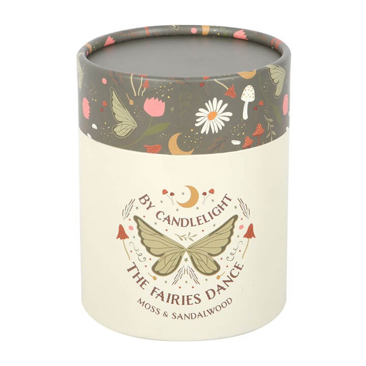Fairy Wing Moss & Sandalwood Candle in decorative holder featuring butterfly design, perfect for creating a cozy ambiance. Sandalwood Candles.