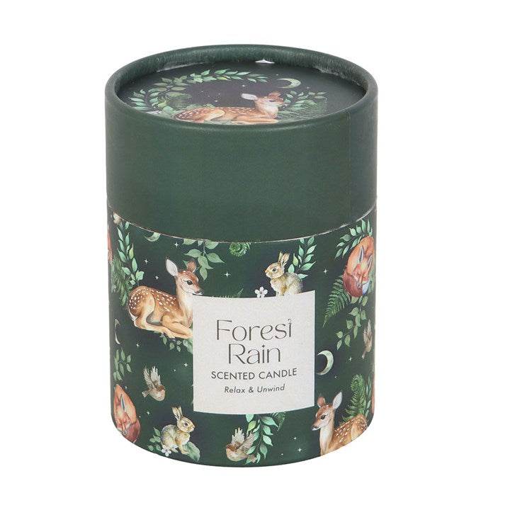 Forest Rain Woodland Scented Candle with decorative nature design and wooden lid, perfect for relaxation.