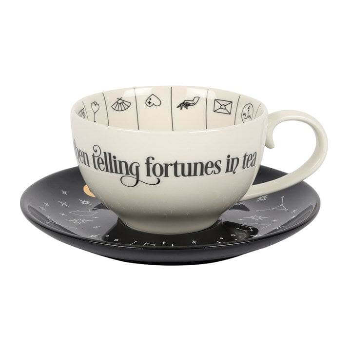 Fortune Telling Ceramic Teacup with Saucer for tea leaf reading, featuring mystical designs and elegant details.