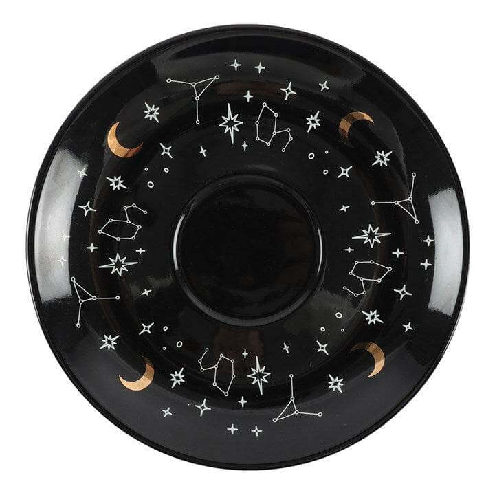 Black saucer designed for fortune telling, featuring constellations and moon designs, perfect for a teacup with saucer.