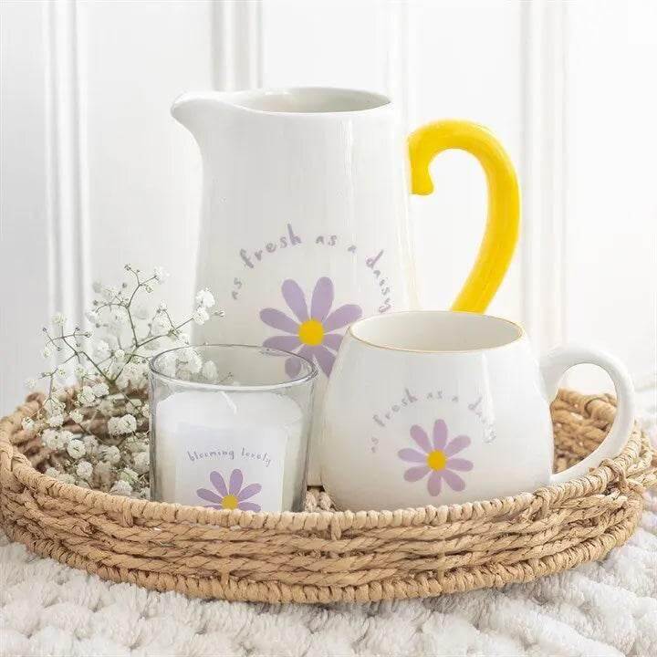 Fresh as a Daisy Ceramic Flower Jug display with decorative items on a woven tray.
