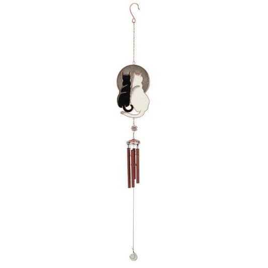 Gazing Cats Windchime featuring black and white cat pair gazing at the moon, perfect for cat lovers and garden decor.