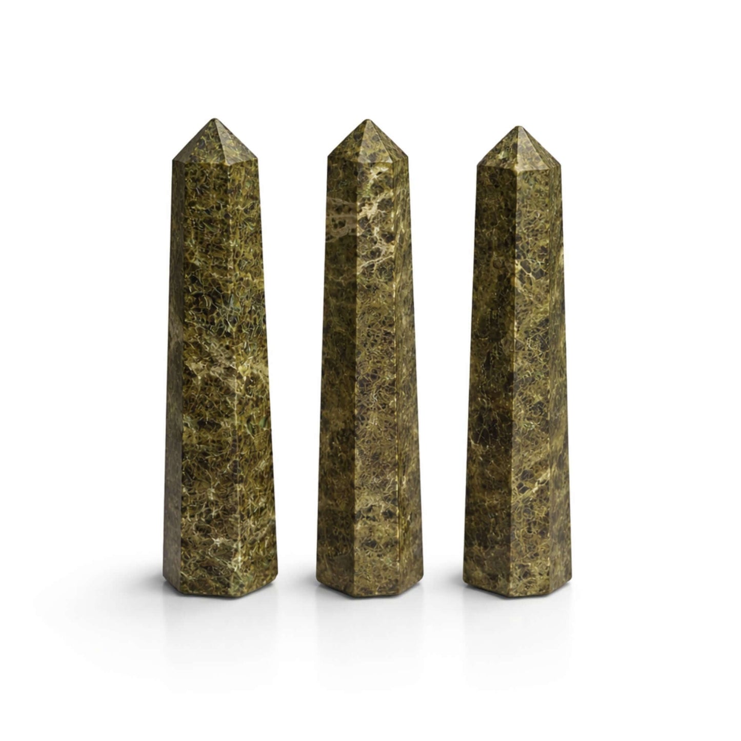 Epidote Obelisk Point trio, featuring deep green tones and polished finish, perfect for decor and meditation spaces.