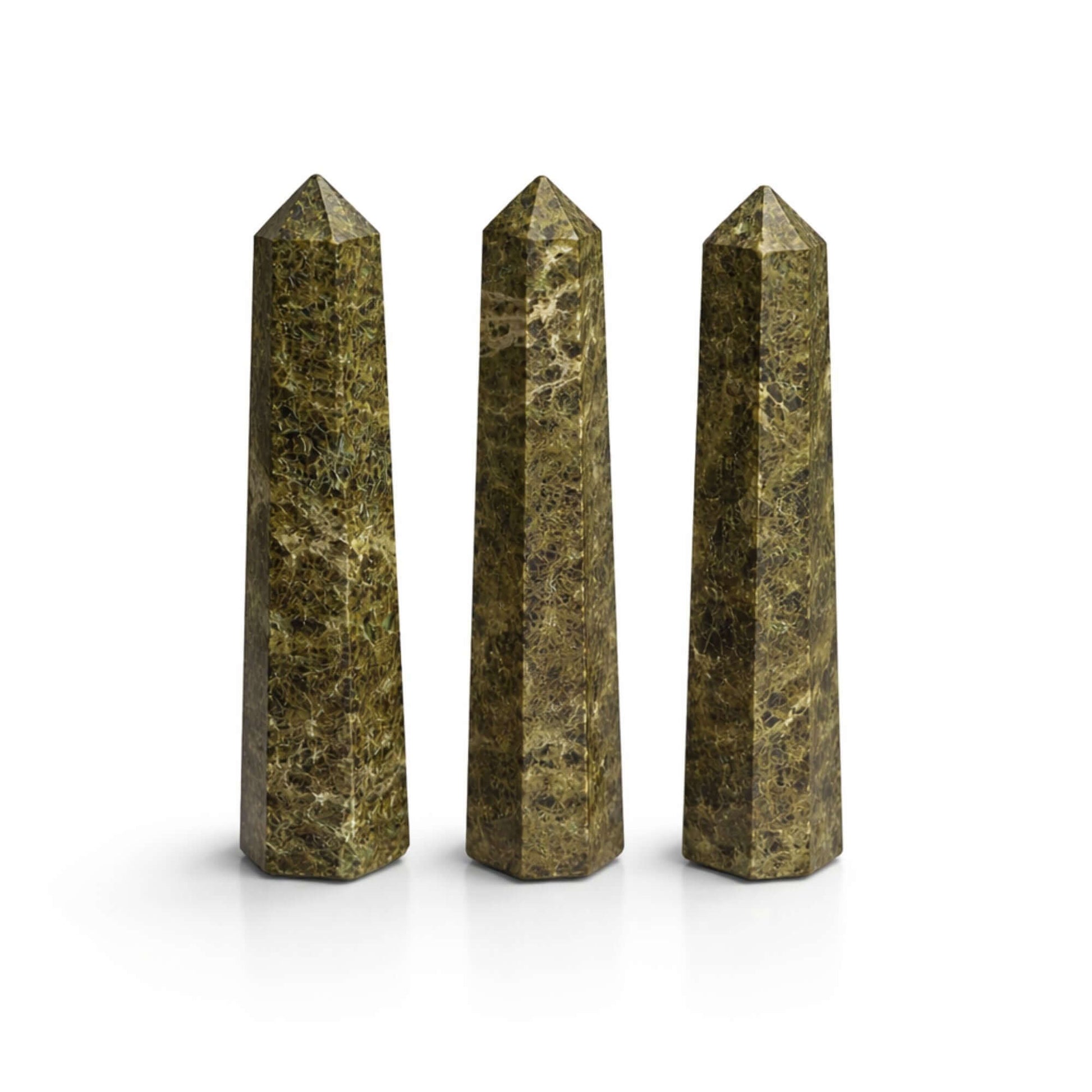 Epidote Obelisk Point trio, featuring deep green tones and polished finish, perfect for decor and meditation spaces.