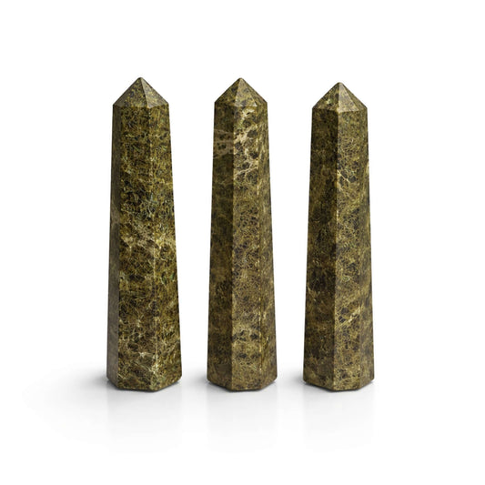 Epidote Obelisk Point trio, featuring deep green tones and polished finish, perfect for decor and meditation spaces.
