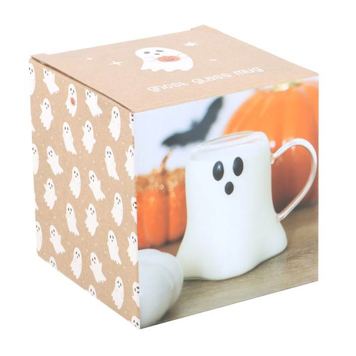 Ghost Glass Mug shown in festive packaging with pumpkins, perfect for Halloween drinkware.