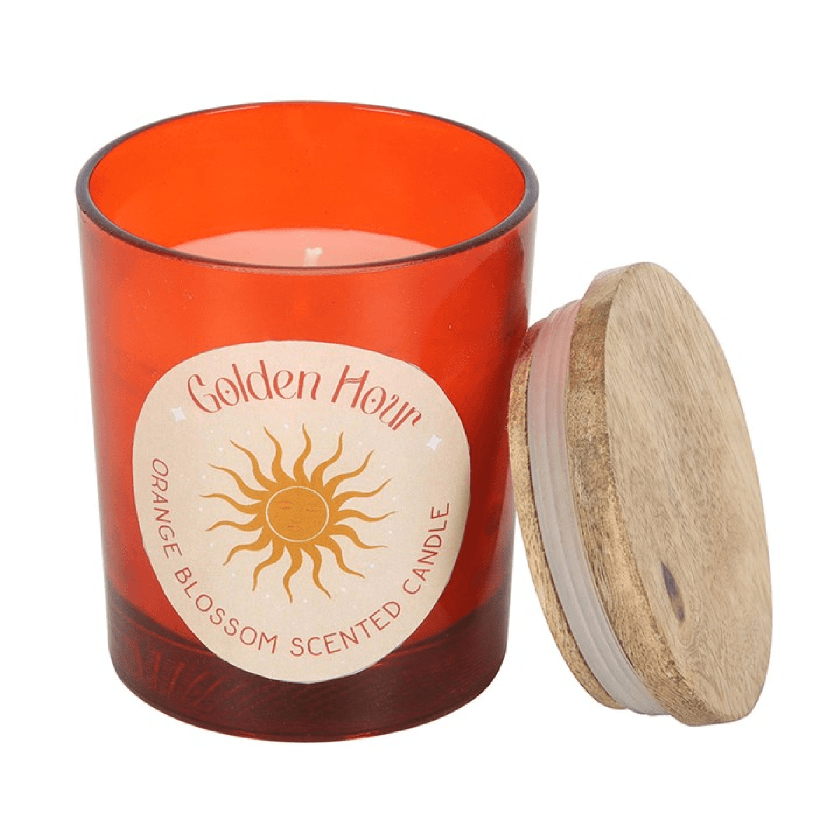Golden Hour Orange Blossom Candles in a red glass jar with a wooden lid, enhancing home decor.
