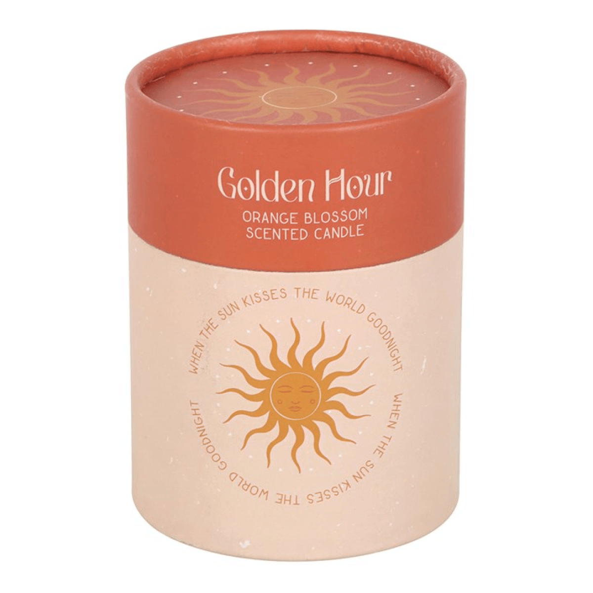 Golden Hour Orange Blossom Candles in a decorative jar with a sun design, capturing the essence of a floral ambiance.