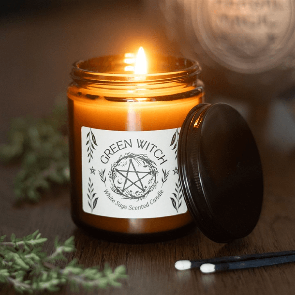 Green Witch White Sage Amber Glass Candle Purifying Air