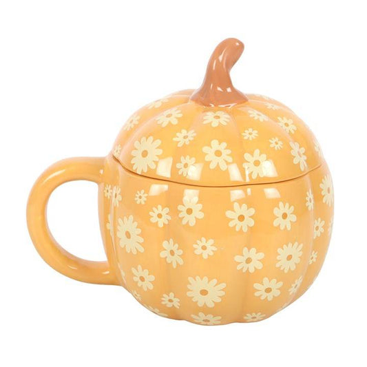 Pumpkin Lidded Mug with groovy floral pattern and lid, perfect for autumn and Halloween drinks.