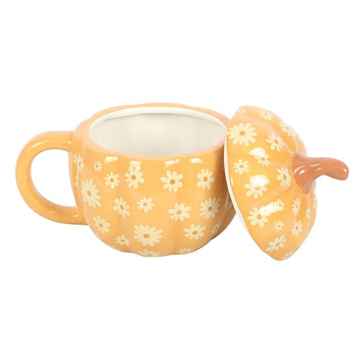 Pumpkin Lidded Mug with a floral pattern and lid, perfect for autumn and Halloween beverages.