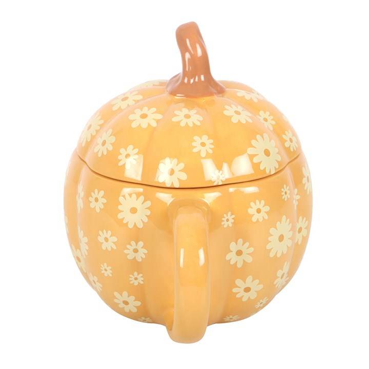 Pumpkin Lidded Mug with groovy floral pattern, perfect for autumn and Halloween drinks.