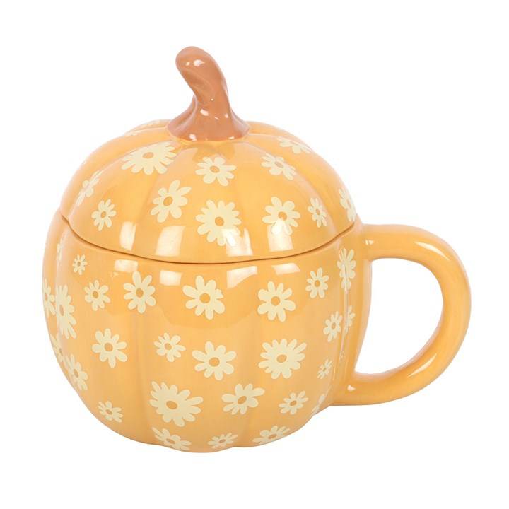 Pumpkin Lidded Mug with a groovy floral pattern, perfect for autumn and Halloween drinks.