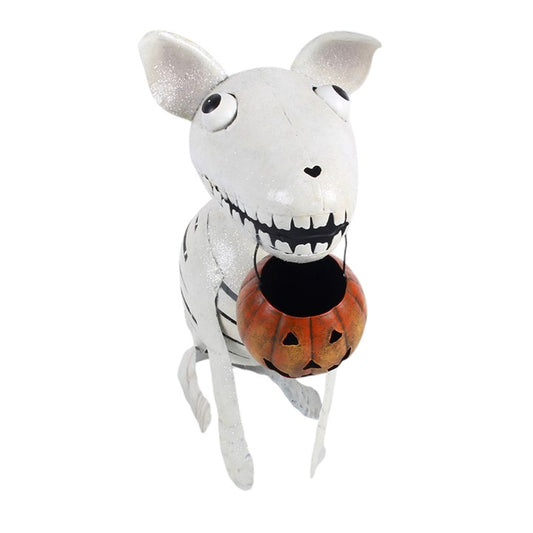 Metal skeleton dog ornament with a pumpkin bucket for Halloween decoration.