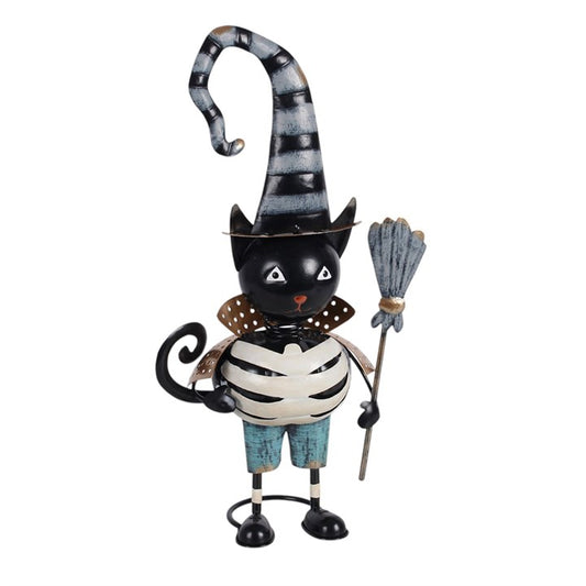 Mischievous metal black cat ornament with witch hat and broomstick for Halloween decoration.