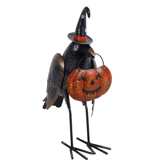 Metal Glitter Raven Ornament with Pumpkin