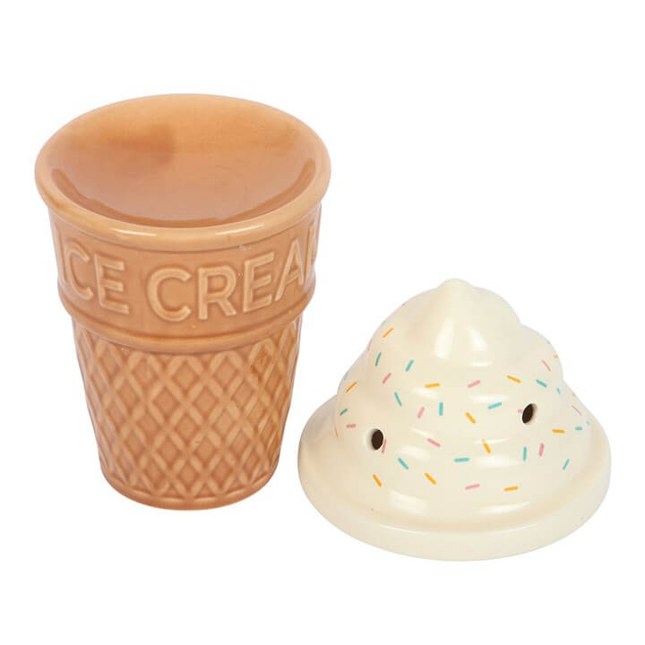 Ice cream cone-shaped container with a small ice cream scoop on a white background