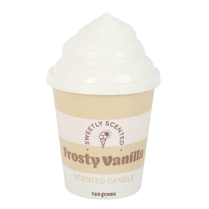 Frosty Vanilla Ice Cream Scented Candle in a ceramic tub with swirled lid and soft cream color.