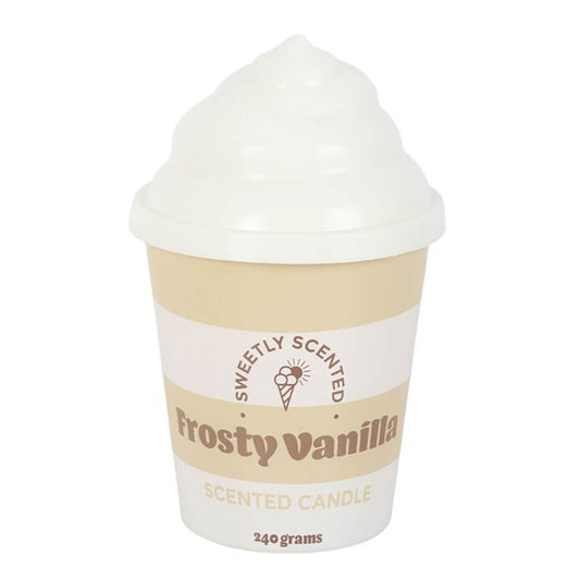 Frosty Vanilla Ice Cream Scented Candle in a ceramic tub with swirled lid and soft cream color.