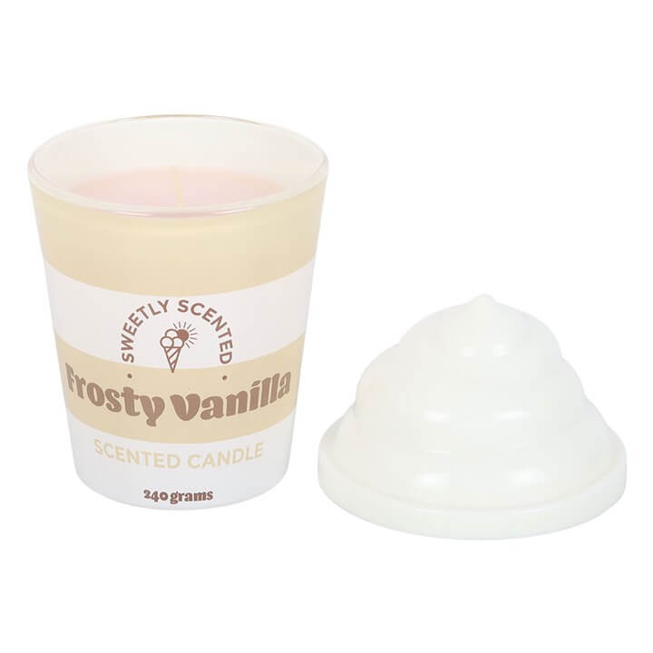 Frosty Vanilla Ice Cream Scented Candle in a ceramic tub with a swirled lid for a retro summer vibe.