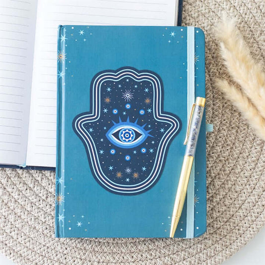 Hand of Hamsa A5 Notebook with Crystal Chip Pen – Turquoise Journal & Mystical Writing Set-Sociodigi