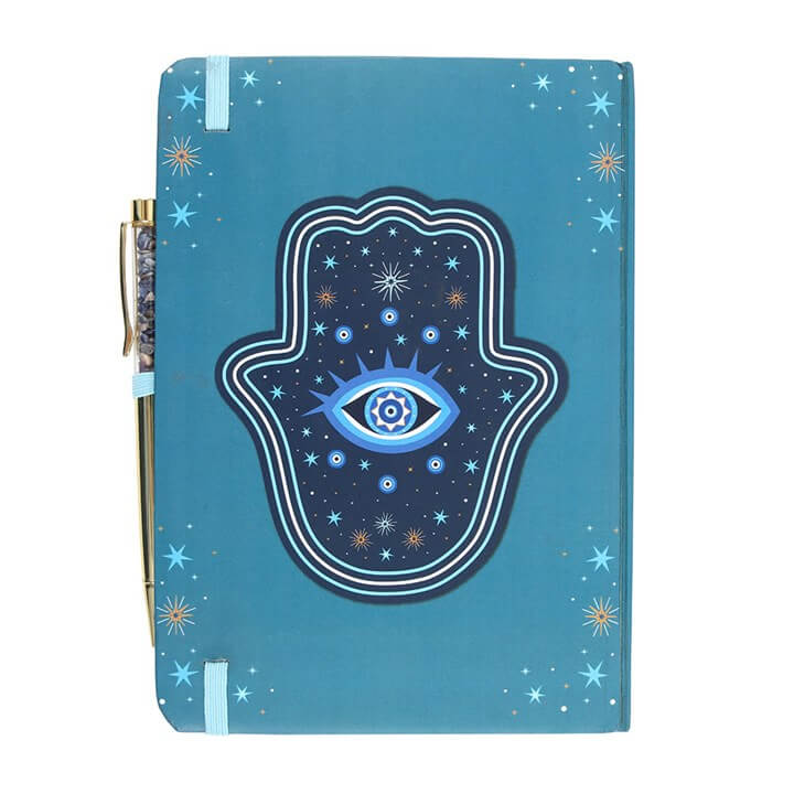 Hand of Hamsa A5 Notebook with Crystal Chip Pen – Turquoise Journal & Mystical Writing Set-Sociodigi
