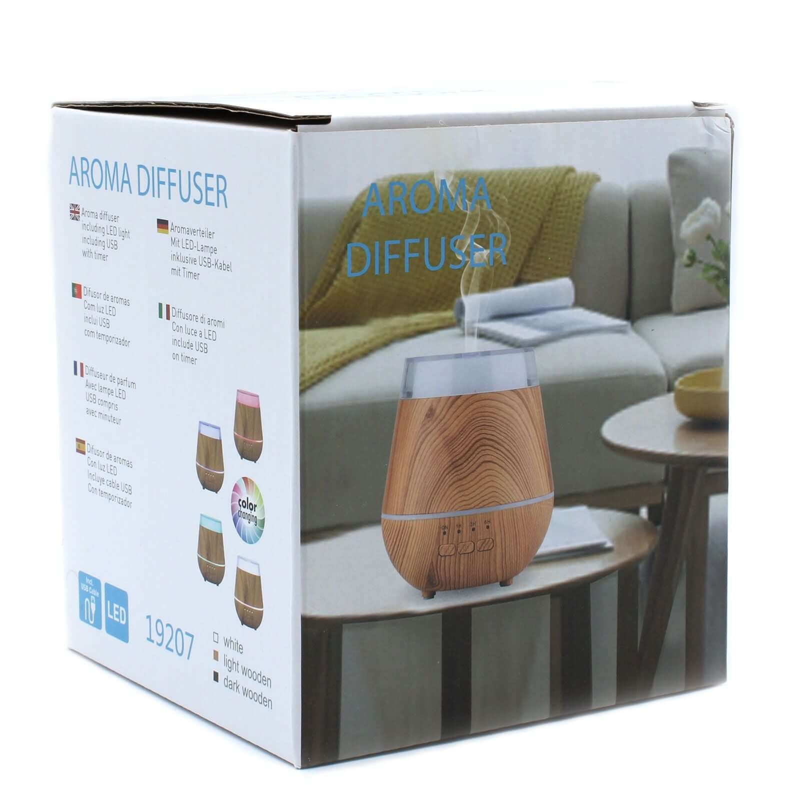 Helsinki Atomiser packaging showing the product with color options and specifications on a stylish table setting.