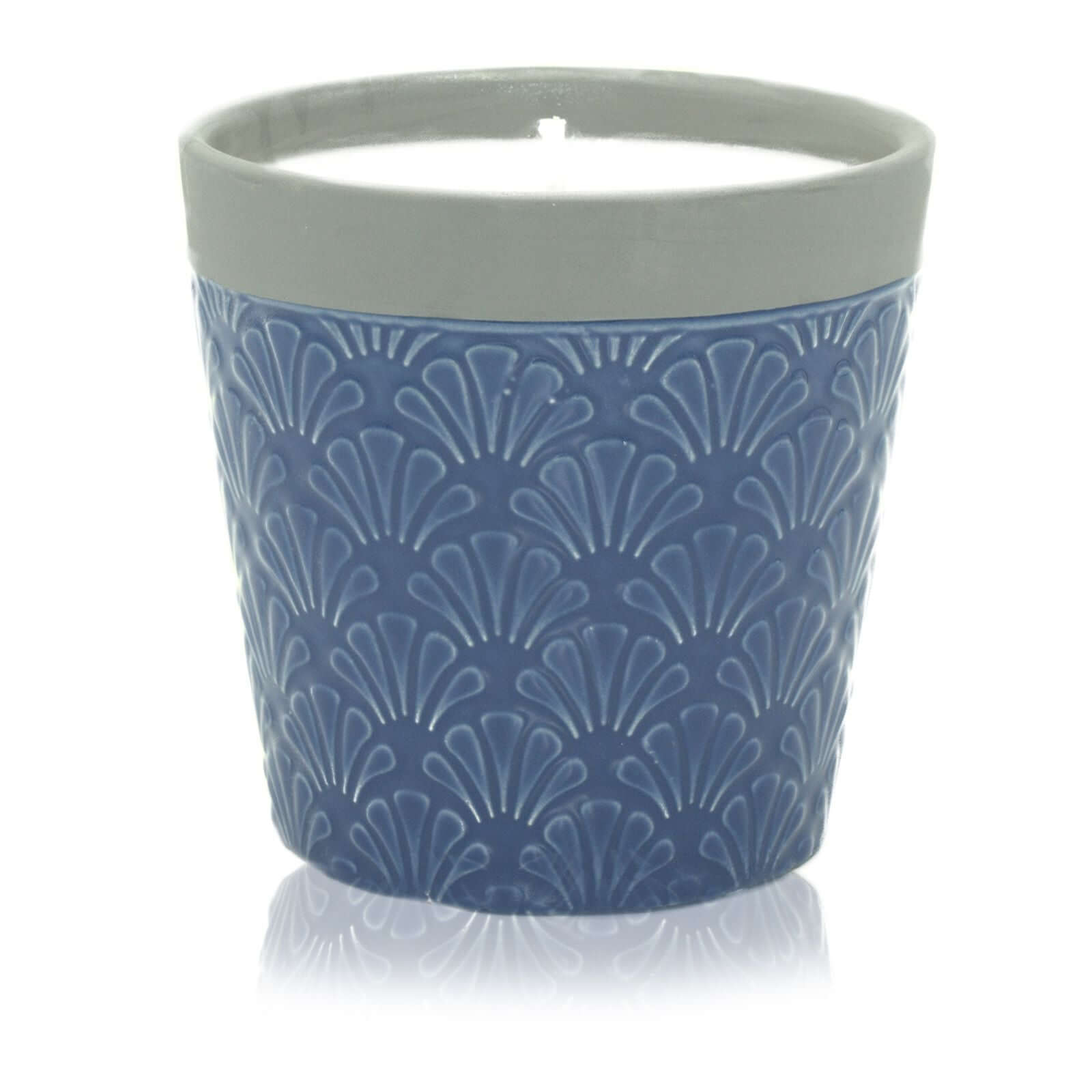 Home is Home Candle Pots - Blue Day in an elegant blue decorative pot with a grey rim.