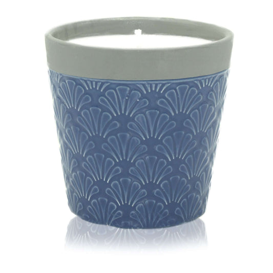 Home is Home Candle Pots - Blue Day in an elegant blue decorative pot with a grey rim.