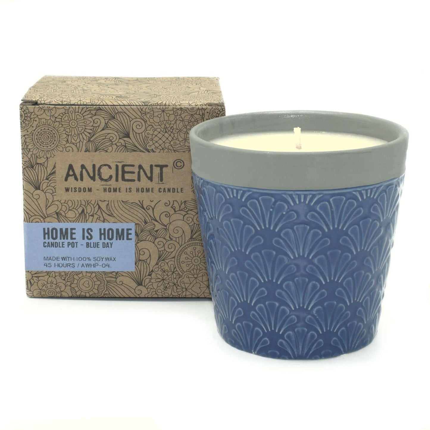 Home is Home Candle Pots - Blue Day in decorative ceramic pot with box, made from natural soy wax.