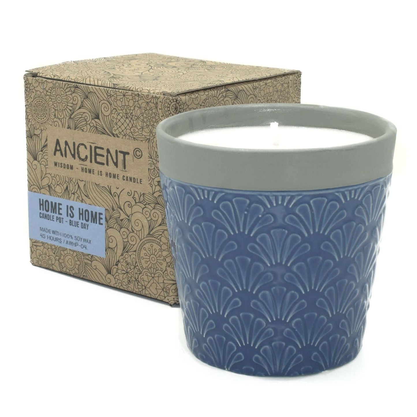 Home is Home Candle Pots - Blue Day in decorative blue ceramic pot with a stylish box background.