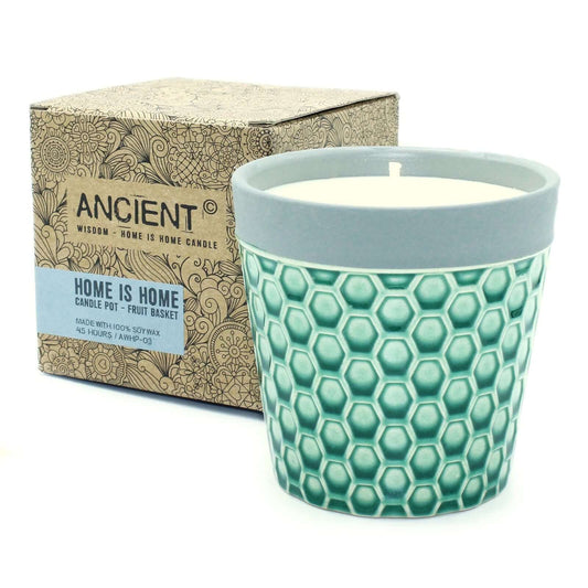 Home Candle pot with honeycomb design and box, featuring the label 'Home is Home - Fruit Basket'.